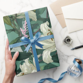 Papel De Presente Padrão Floral Verde Lírio Branco Clássico