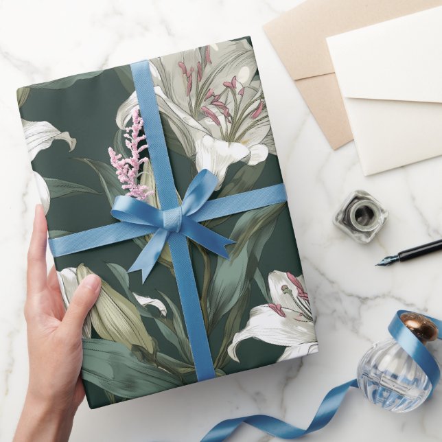Papel De Presente Padrão Floral Verde Lírio Branco Clássico (Presentear)