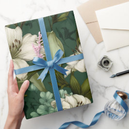 Papel De Presente Padrão Floral Verde Lírio Branco Clássico