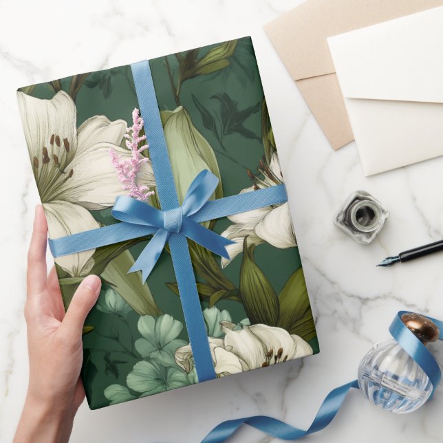 Papel De Presente Padrão Floral Verde Lírio Branco Clássico (Presentear)