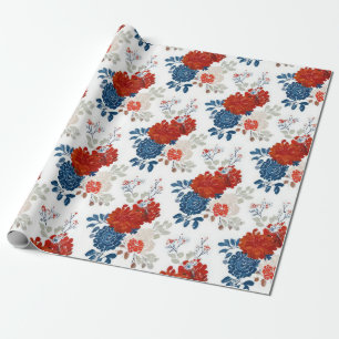 Papel De Presente Padrão Floral Vermelho Azul Branco Patriótico (4)