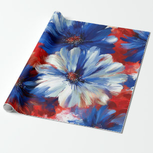 Papel De Presente Padrão Floral Vermelho Azul Branco Patriótico (6)