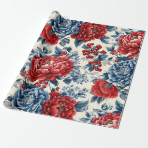 Papel De Presente Padrão Floral Vermelho Azul Branco Patriótico (7)