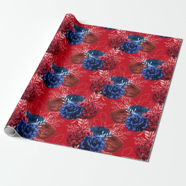 Papel De Presente Padrão Floral Vermelho, Branco e Azul dos EUA (Desenrolado)