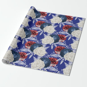 Papel De Presente Padrão Floral Vermelho, Branco e Azul dos EUA
