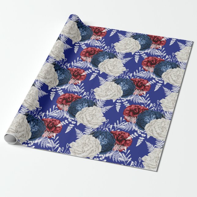 Papel De Presente Padrão Floral Vermelho, Branco e Azul dos EUA (Desenrolado)
