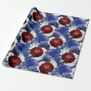 Papel De Presente Padrão Floral Vermelho, Branco e Azul EUA