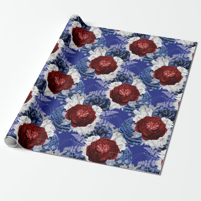 Papel De Presente Padrão Floral Vermelho, Branco e Azul EUA (Desenrolado)