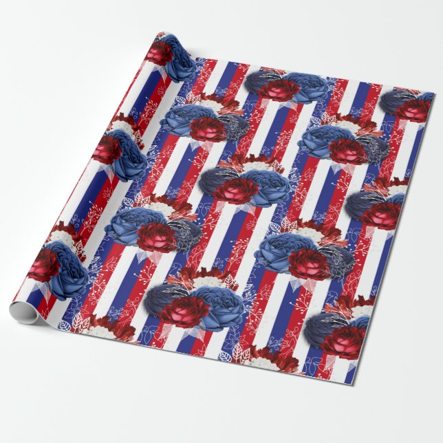 Papel De Presente Padrão Floral Vermelho, Branco e Azul EUA (Desenrolado)