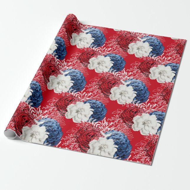 Papel De Presente Padrão Floral Vermelho, Branco e Azul EUA (Desenrolado)