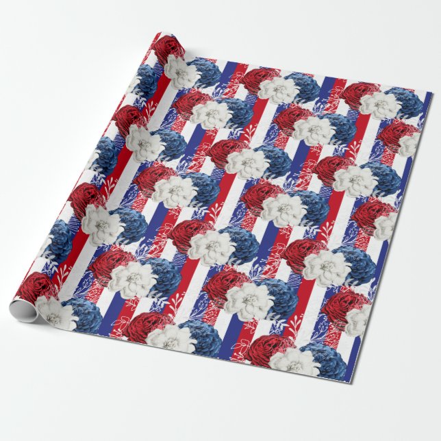 Papel De Presente Padrão Floral Vermelho, Branco e Azul EUA (Desenrolado)