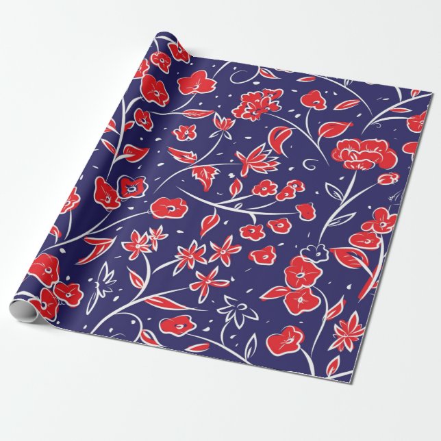 Papel De Presente Padrão Floral Vermelho e Azul (Desenrolado)