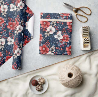 Papel De Presente Padrão Floral Vermelho e Branco em Marinho Profund