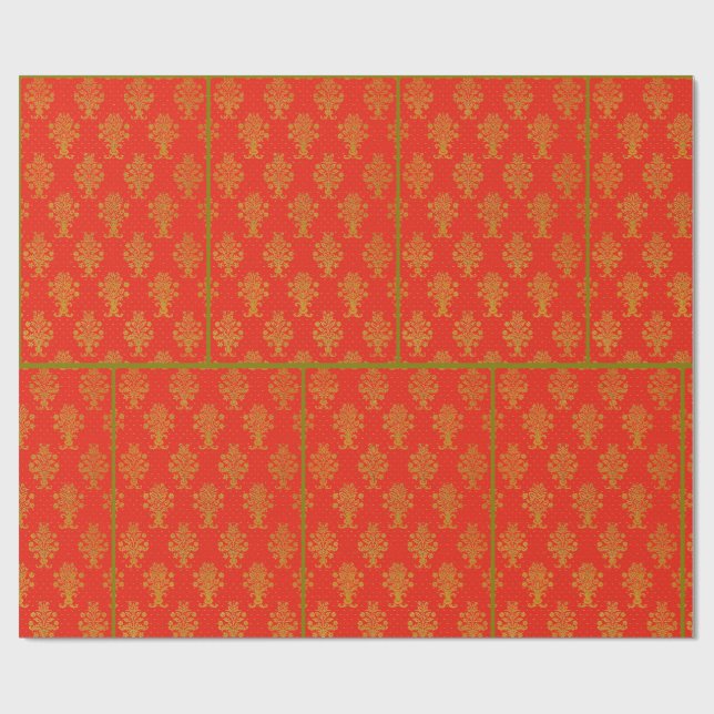 Papel De Presente Padrão Floral Vermelho E Dourado (Aberto)