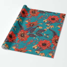 Papel De Presente Padrão Floral Vermelho e Teal