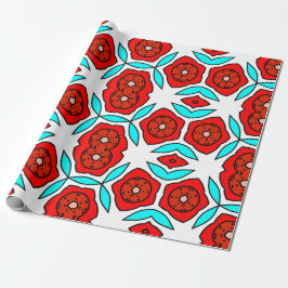 Papel De Presente Padrão Floral Vermelho e Turquesa Negrito