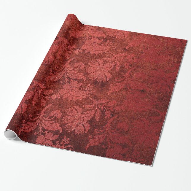 Papel De Presente Padrão floral vermelho-real de damascos vermelhos  (Desenrolado)