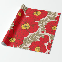 Papel De Presente Padrão Floral Vermelho Vibrante com Folhas Verde-o