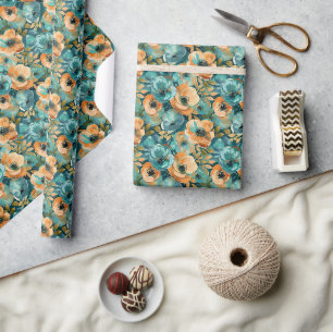 Papel De Presente Padrão Floral Vibrante com Teal Negrito, Turquesa