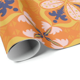 Papel De Presente Padrão floral vibrante laranja e azul