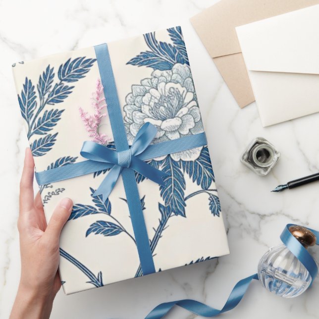 Papel De Presente Padrão Floral Vintage Azul (Presentear)
