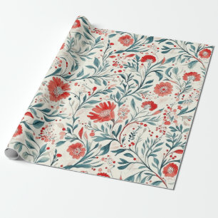 Papel De Presente Padrão Floral Vintage Red Daisy - Botânico