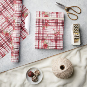 Papel De Presente Padrão Florel Vermelho Moderno de Tartan