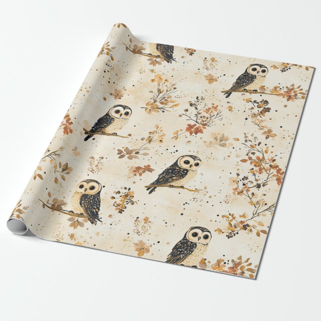 Papel De Presente Padrão Florestal Botânico de Coruja Bege Outonal (Desenrolado)