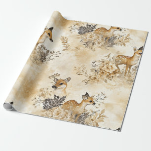 Papel De Presente Padrão Florestal de Corça e Floral Vintage (3)