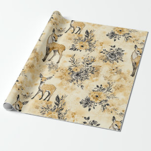 Papel De Presente Padrão Florestal de Corça e Floral Vintage (7)