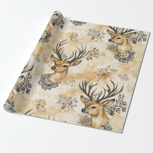 Papel De Presente Padrão Florestal de Veado e Floral Vintage (8)