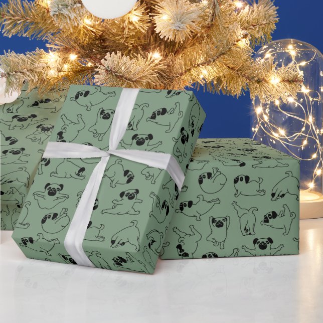 Papel De Presente padrão fofo de cachorro de yoga fundo verde (Feriados)