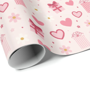 Papel De Presente Padrão Fofo de Dia dos Namorados Corações e Presen