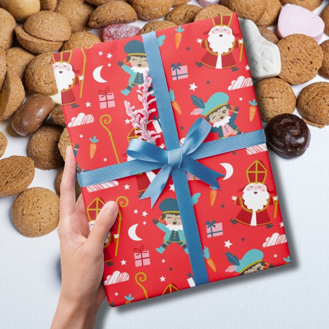 Papel De Presente Padrão fofo de Sinterklaas e Piet em vermelho (Criador carregado)