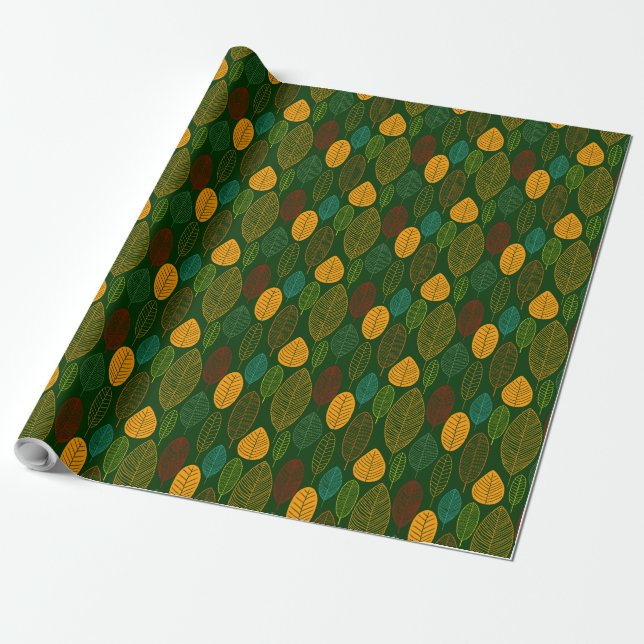 Papel De Presente Padrão Folha - Cores 03 em Verde Escuro (Desenrolado)
