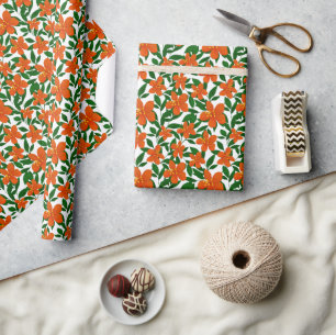 Papel De Presente Padrão Foral Verde Laranja Moderno