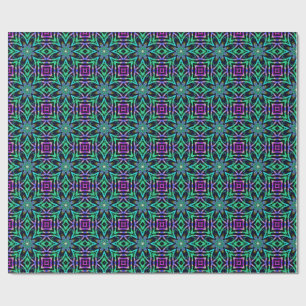 Papel De Presente Padrão Fractal de Caleidoscópio Azul-Verde, Roxo e