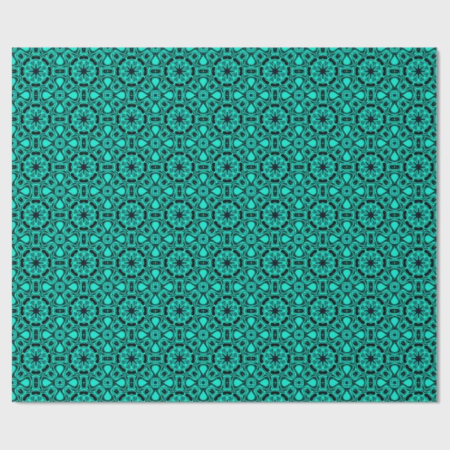 Papel De Presente Padrão Fractal de Caleidoscópio Turquesa e Azul (Aberto)
