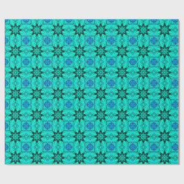 Papel De Presente Padrão Fractal de Caleidoscópio Turquesa e Azul