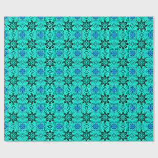 Papel De Presente Padrão Fractal de Caleidoscópio Turquesa e Azul