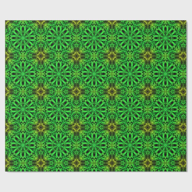 Papel De Presente Padrão Fractal de Caleidoscópio Verde e Preto (Aberto)