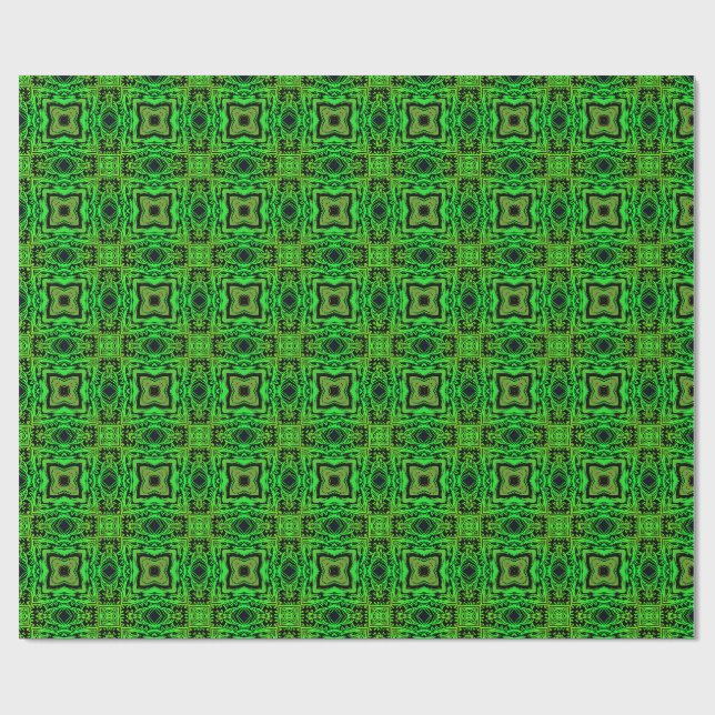 Papel De Presente Padrão Fractal de Kaleidoscópio Verde e Preto (Aberto)