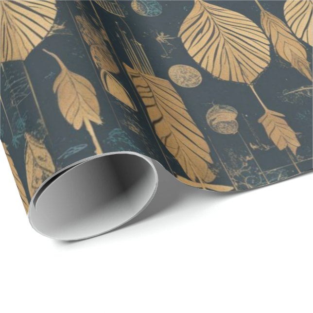 Papel De Presente Padrão futurista com folhas (Ponta do rolo)
