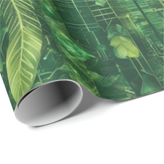 Papel De Presente Padrão Futurista de Folhas Verdes