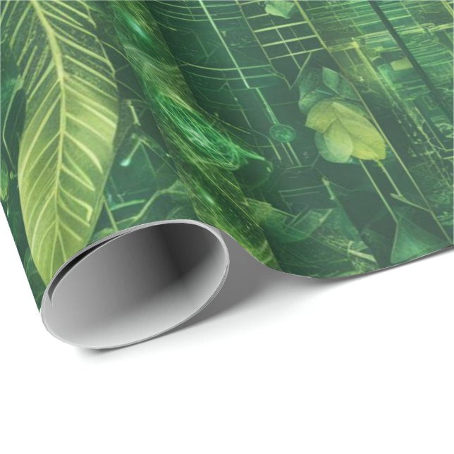 Papel De Presente Padrão Futurista de Folhas Verdes (Ponta do rolo)