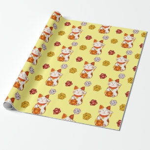 Papel De Presente Padrão Gamer Maneki Neko com D20 Dice (Amarelo)