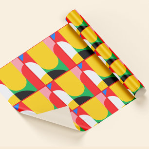 Papel De Presente Padrão Geométrico Abstrato Cores Amarelo Vermelho