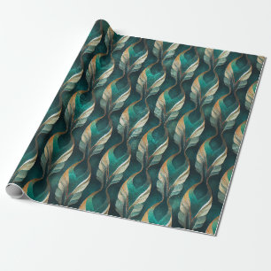 Papel De Presente Padrão Geométrico Art Déco em Verde Água e Dourado