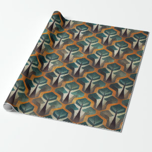 Papel De Presente Padrão Geométrico Art Déco em Verde Água e Dourado