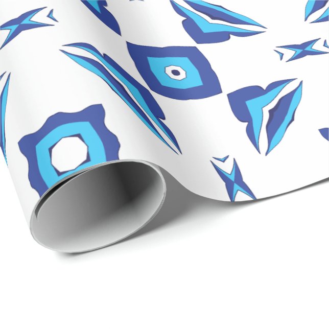 Papel De Presente Padrão geométrico azul e branco (Ponta do rolo)